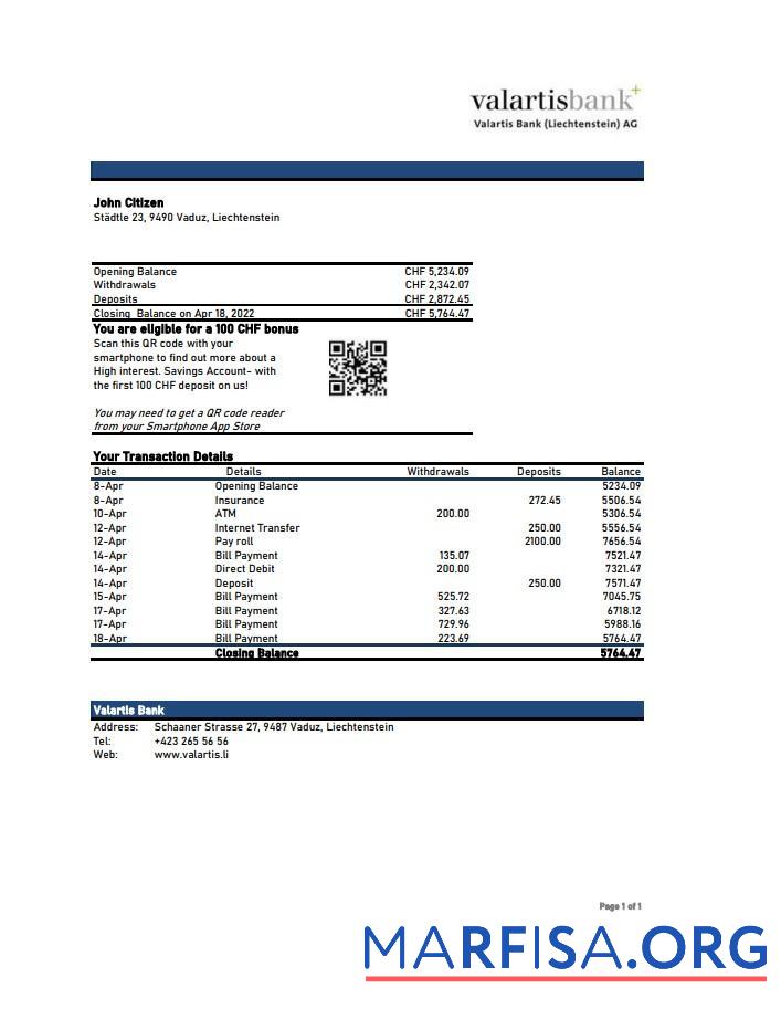 Downloadable Liechtenstein Valartis bank statement excel template